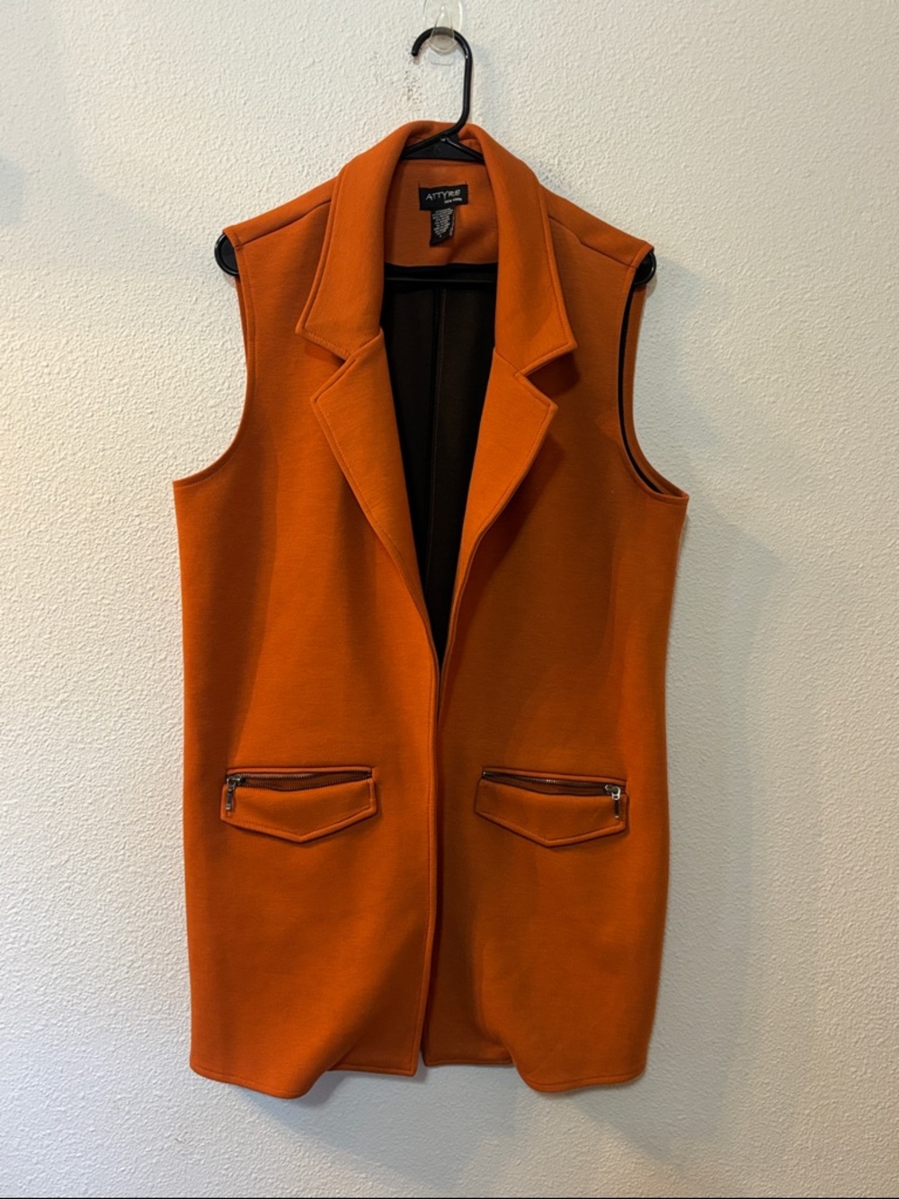 Attyre Orange Sleeveless Long Blazer Vest with Zip Pockets